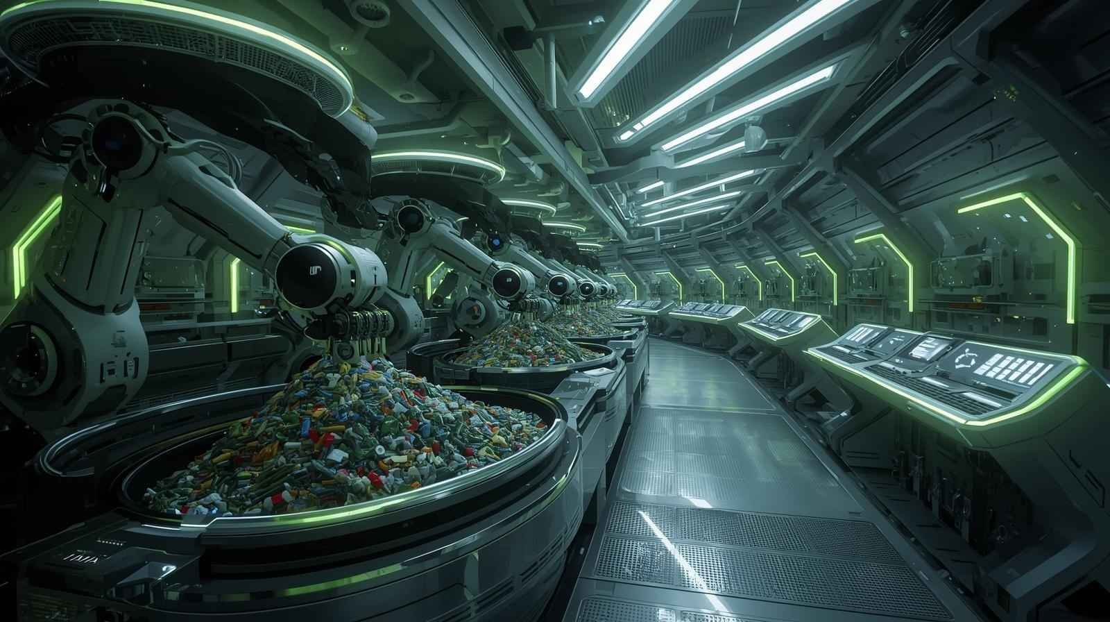 Futuristic matarecycler robots sorting waste in a high-tech recycling facility with glowing green lights