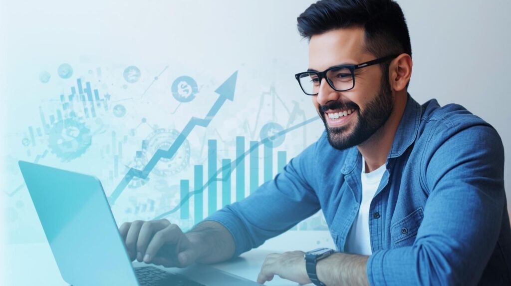 Freelancer using Mebalovo platform on laptop to track income growth, smiling while analyzing financial charts and digital earning trends.