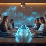 Diverse professionals using Mebalovo platform on laptops, analyzing financial charts and digital growth data in a modern workspace.