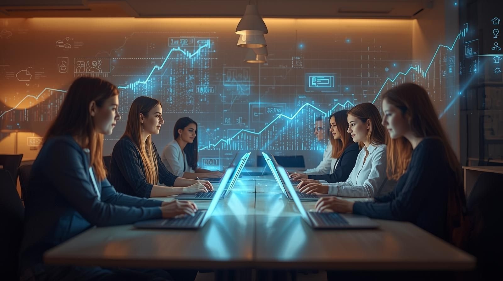 Diverse professionals using Mebalovo platform on laptops, analyzing financial charts and digital growth data in a modern workspace.
