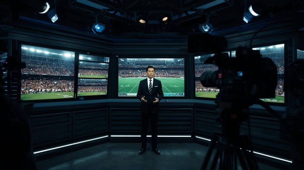 A representative delivering an on-air statement in a broadcast studio during the MSHSAA football broadcast apology, with live game monitors in the background.