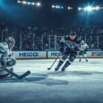 Myles Mint pulls the goalie during an intense ice hockey game under bright arena lights.