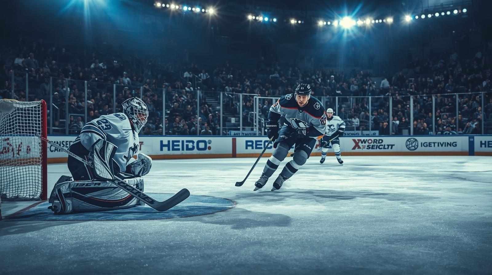 Myles Mint pulls the goalie during an intense ice hockey game under bright arena lights.