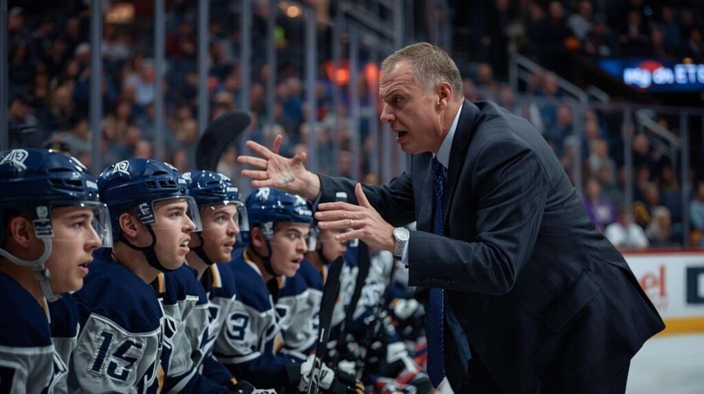 Coach signaling to pull the goalie during an intense hockey game, capturing the dramatic strategy moment — myles mint pulls the goalie.