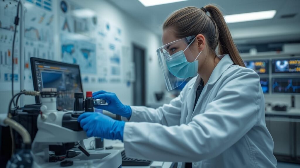 A masked female biomedical engineer working in a Canadian research lab, representing naera f biomedical engineer canada focusing on healthcare innovation.