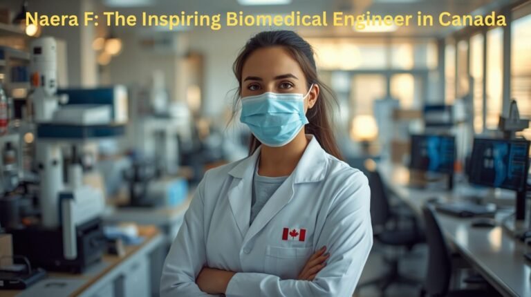 A masked female biomedical engineer in a Canadian lab, representing naera f biomedical engineer canada, focused on innovation and healthcare technology.
