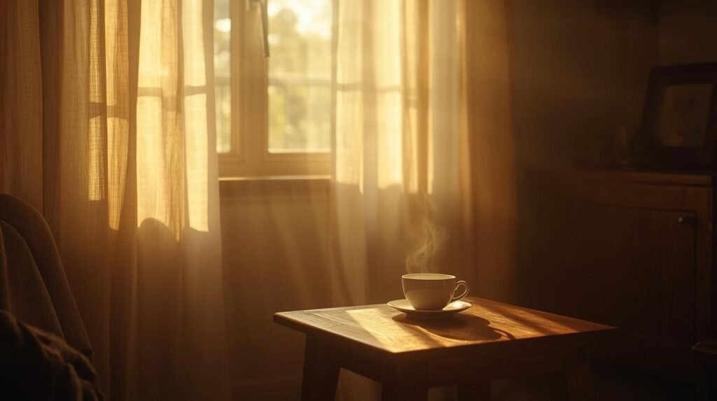 A cozy home corner with a warm cup of tea on a wooden table, sunlight streaming through soft curtains, reflecting the peaceful lifestyle of Patricia Carrey Fournier.