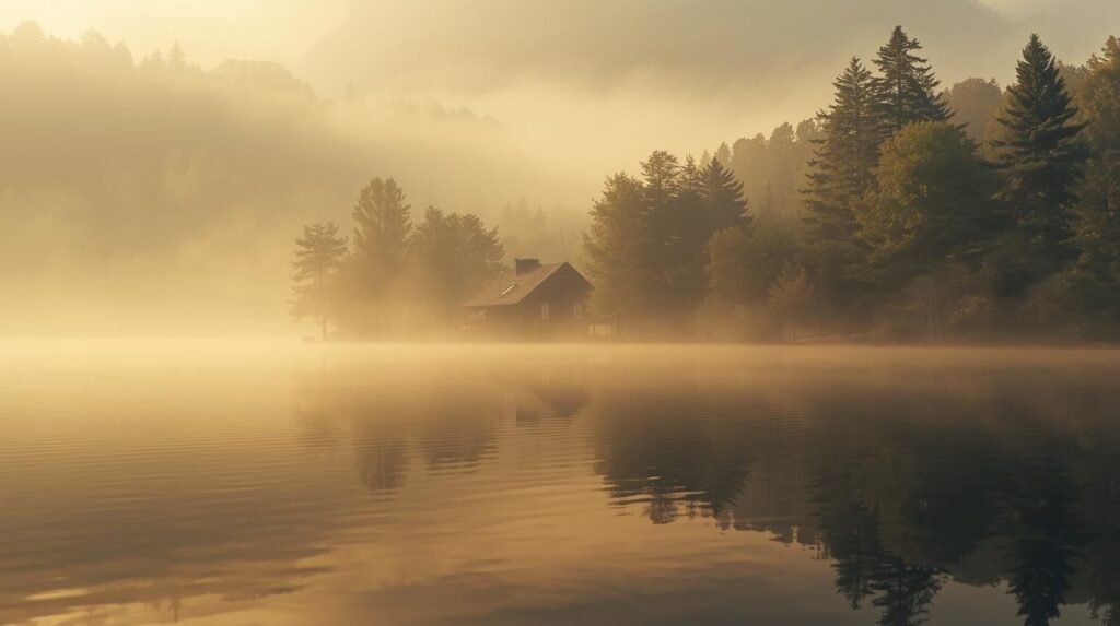 A peaceful lakeside cabin surrounded by mist and morning light, reflecting Patricia Carrey Fournier’s calm and private lifestyle.