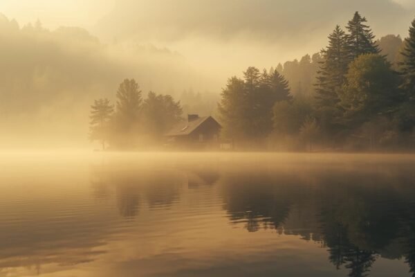 The Peaceful Life Patricia Carrey Fournier Chose A peaceful lakeside cabin surrounded by mist and morning light, reflecting Patricia Carrey Fournier’s calm and private lifestyle.