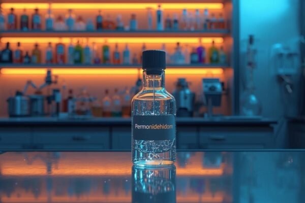 Transparent bottle labeled Permonidehidom on a reflective lab table with glowing orange shelves in the background.