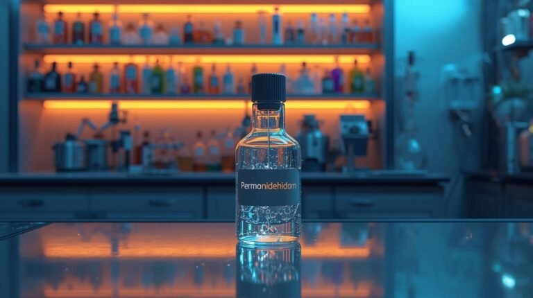 Transparent bottle labeled Permonidehidom on a reflective lab table with glowing orange shelves in the background.