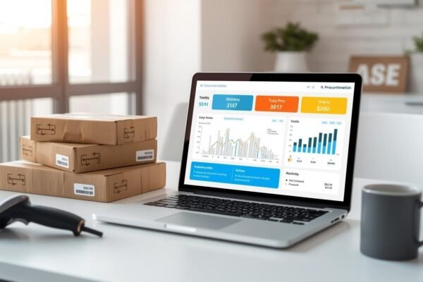 Laptop displaying logistics and delivery analytics with packages and a barcode scanner on a desk, representing procurementnation .com shipping and modern supply chain management.