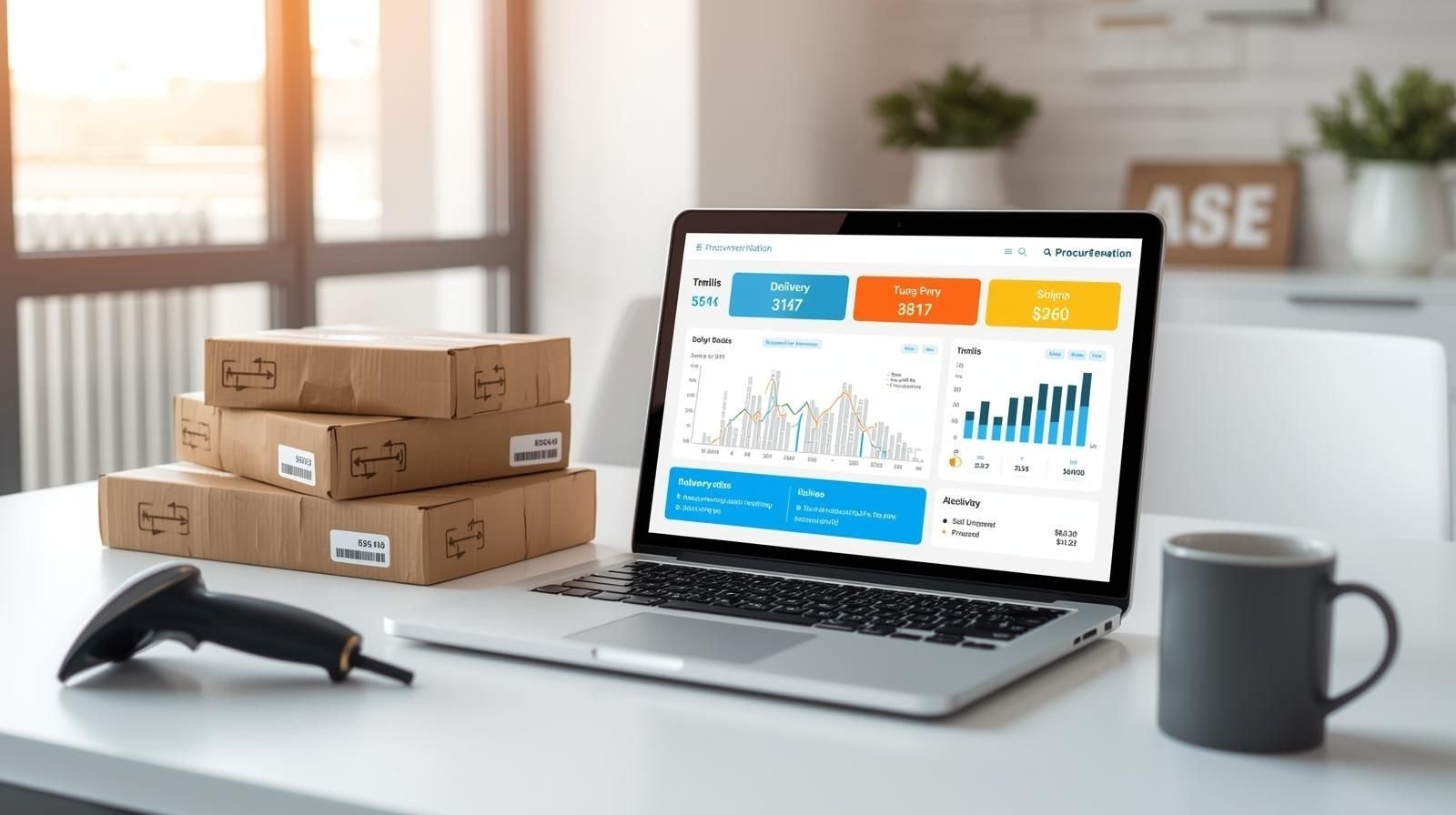 Laptop displaying logistics and delivery analytics with packages and a barcode scanner on a desk, representing procurementnation .com shipping and modern supply chain management.