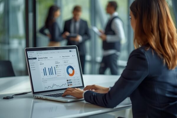 Attract Top Talent Smarter: The Best Software for Recruitment Marketing HR professional analyzing recruitment marketing software dashboard on laptop with team collaboration in modern office.
