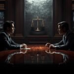 Rowdy Oxford Lawsuit: The Controversy You Must Know Two business professionals facing off in a dramatic corporate courtroom, symbolizing the conflict and ethics behind the Rowdy Oxford lawsuit.