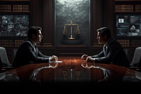 Rowdy Oxford Lawsuit: The Controversy You Must Know Two business professionals facing off in a dramatic corporate courtroom, symbolizing the conflict and ethics behind the Rowdy Oxford lawsuit.