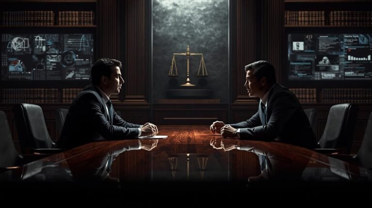 Two business professionals facing off in a dramatic corporate courtroom, symbolizing the conflict and ethics behind the Rowdy Oxford lawsuit.