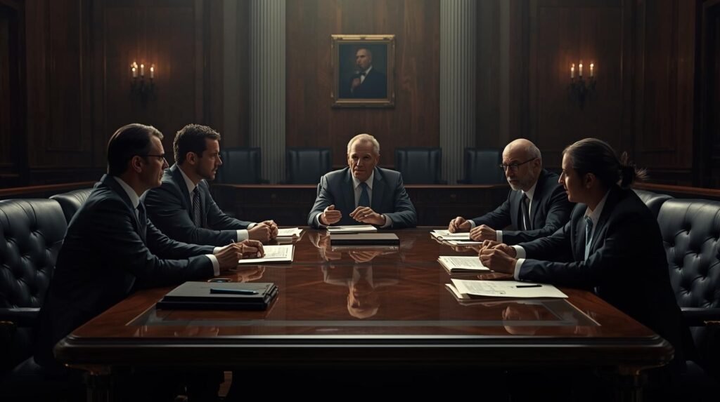 Executives debating in a courtroom over confidential documents, depicting the tension and drama of the Rowdy Oxford lawsuit.
