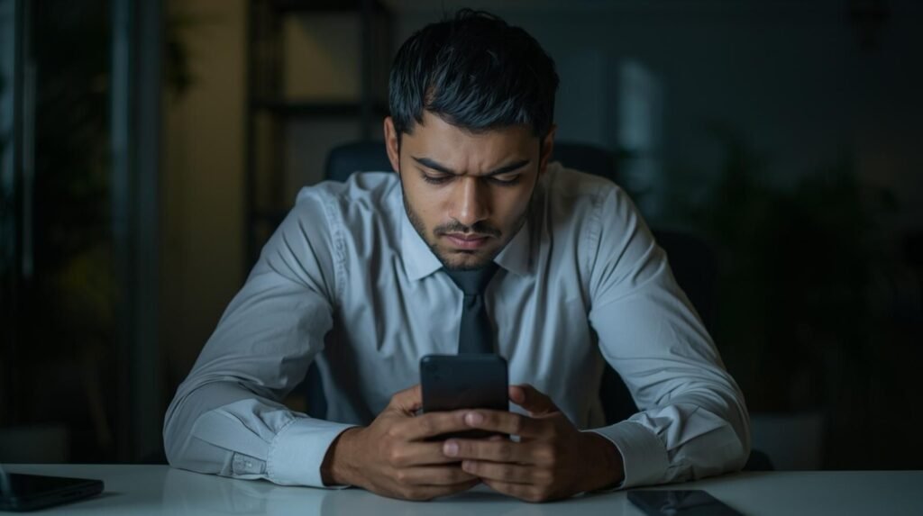 Disappointed young professional realizing a scamiikely email scam while checking their phone in a dimly lit workspace