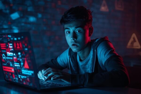 Scamiikely Moments: Red Flags Every Internet User Should Know Young person using a laptop surrounded by scamiikely pop-up warnings and phishing messages under red and blue digital light
