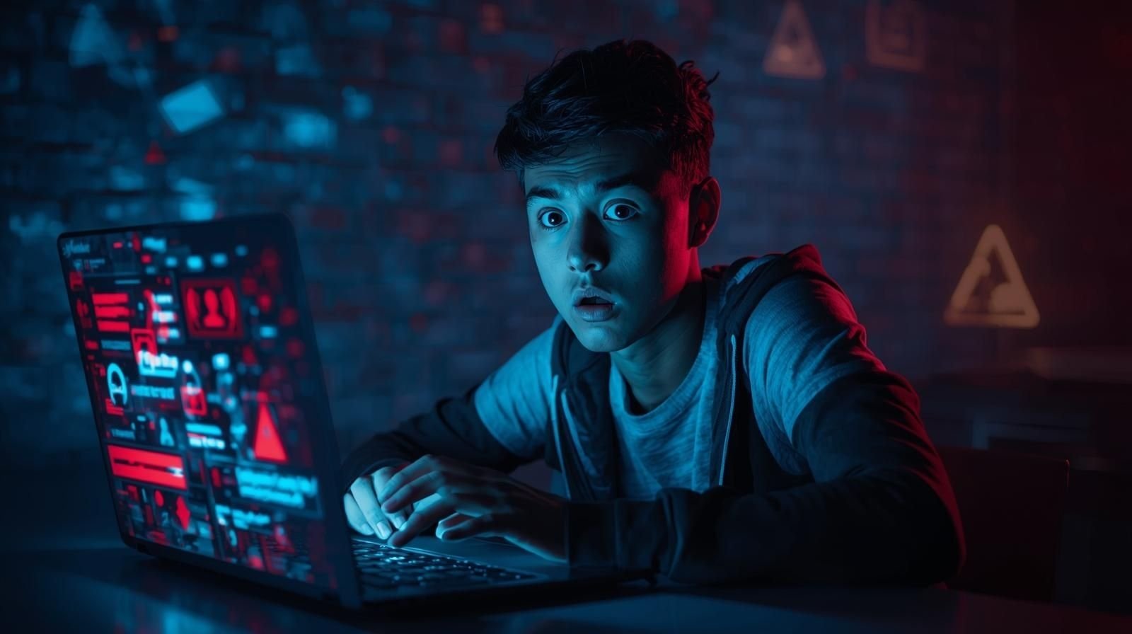 Young person using a laptop surrounded by scamiikely pop-up warnings and phishing messages under red and blue digital light