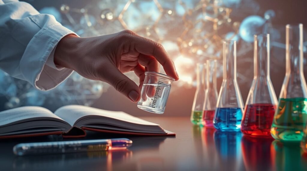 Scientist holding a transparent container labeled Permonidehidom in a modern lab showing chemical tools and molecular projection.