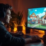 A gamer enjoying a cozy evening playing a colorful life simulation game on a computer, representing safe and legal alternatives to a sims 4 dlc unlocker.