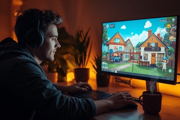 A gamer enjoying a cozy evening playing a colorful life simulation game on a computer, representing safe and legal alternatives to a sims 4 dlc unlocker.