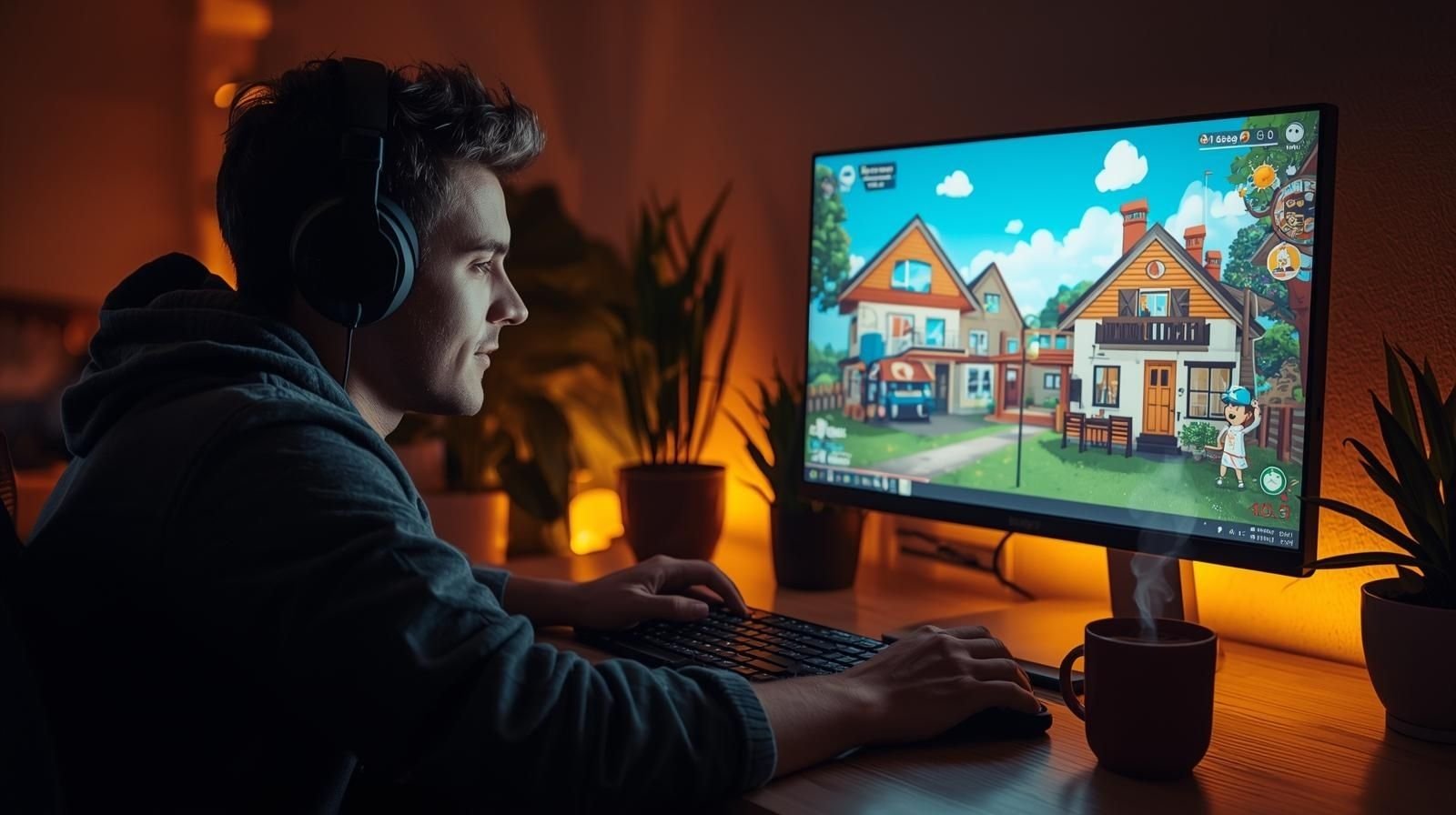 A gamer enjoying a cozy evening playing a colorful life simulation game on a computer, representing safe and legal alternatives to a sims 4 dlc unlocker.
