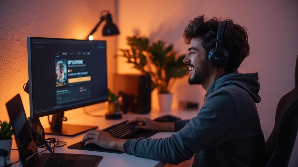 A cheerful gamer smiling at their screen after legally purchasing Sims 4 DLC, showing digital confirmation on a bright cozy workspace, symbolizing a safe alternative to using a sims 4 dlc unlocker.