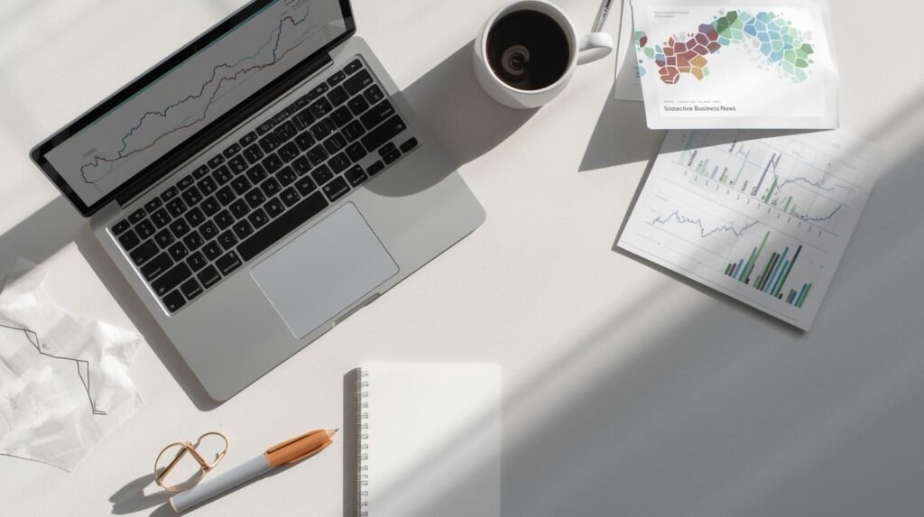 Minimalist flat-lay with laptop, coffee, and financial charts beside a notepad labeled “Sosoactive Business News,” symbolizing modern business reporting.