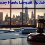 Dramatic courtroom scene with judge’s gavel, legal documents, and city skyline in background, symbolizing the Stacey Huels lawsuit and corporate accountability.
