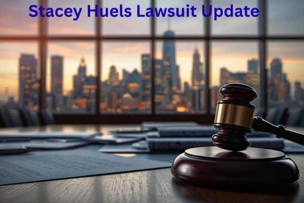 Dramatic courtroom scene with judge’s gavel, legal documents, and city skyline in background, symbolizing the Stacey Huels lawsuit and corporate accountability.