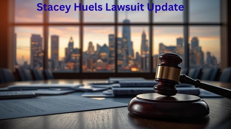 Dramatic courtroom scene with judge’s gavel, legal documents, and city skyline in background, symbolizing the Stacey Huels lawsuit and corporate accountability.