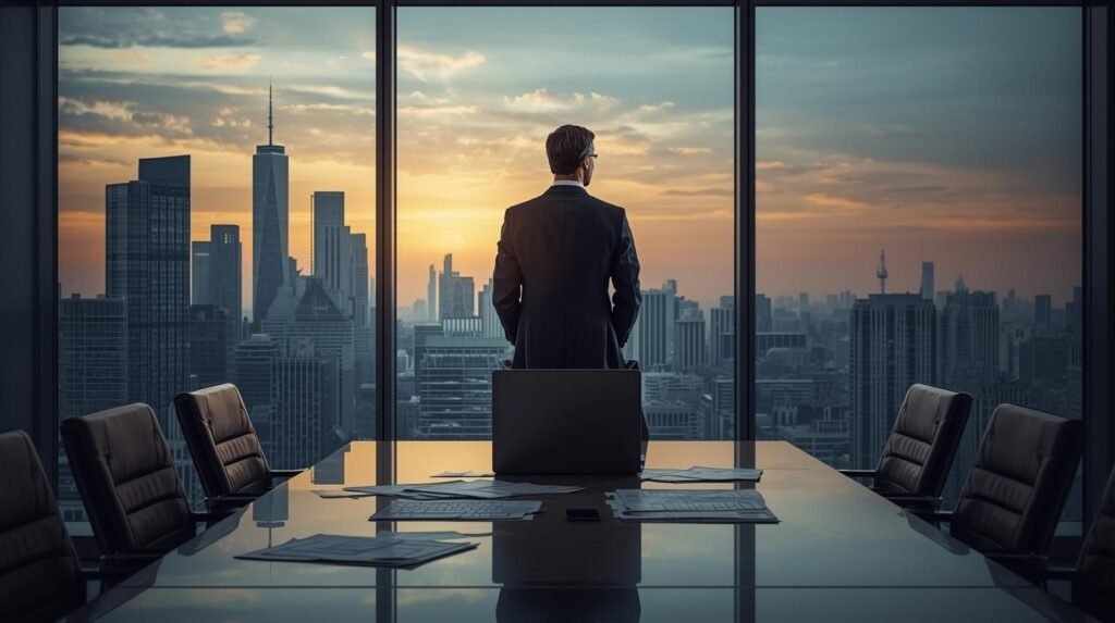 Business executive in a glass-walled boardroom overlooking city skyscrapers at sunset, symbolizing leadership and accountability in the Stacey Huels lawsuit.