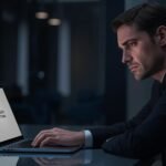 Concerned man investigating sunwin acceletronics.us.com on a laptop showing website not found message, representing a cybersecurity domain issue.