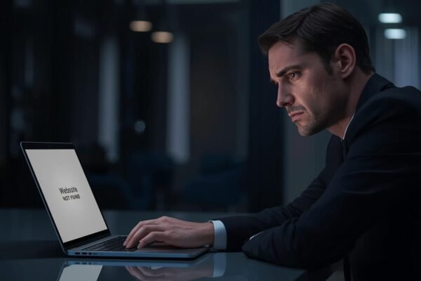Warning: Sunwin Acceletronics.us.com May Be Unverified Concerned man investigating sunwin acceletronics.us.com on a laptop showing website not found message, representing a cybersecurity domain issue.