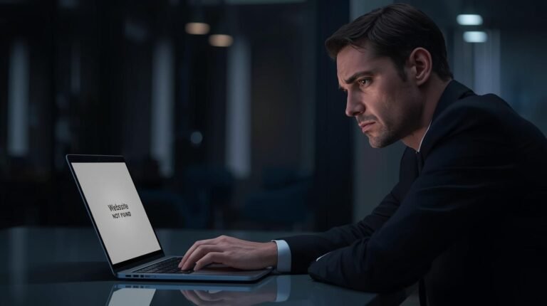 Concerned man investigating sunwin acceletronics.us.com on a laptop showing website not found message, representing a cybersecurity domain issue.