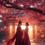 Why Fans Love The Cuckoo’s Vow Chinese Drama A cinematic still from The Cuckoo’s Vow Chinese Drama showing two characters beneath blooming cherry blossoms at dusk, surrounded by soft golden light.