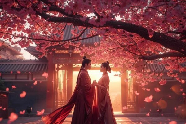 A cinematic still from The Cuckoo’s Vow Chinese Drama showing two characters beneath blooming cherry blossoms at dusk, surrounded by soft golden light.