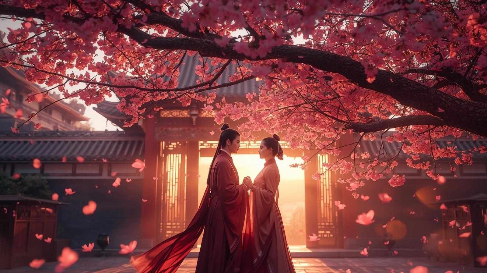 A cinematic still from The Cuckoo’s Vow Chinese Drama showing two characters beneath blooming cherry blossoms at dusk, surrounded by soft golden light.