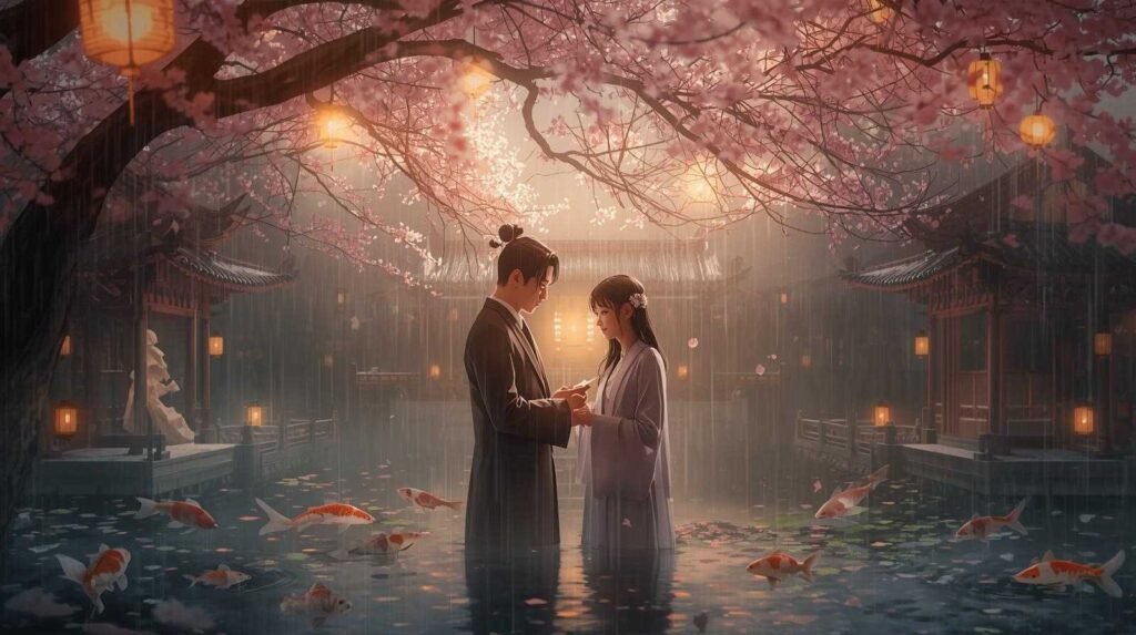 A romantic scene from The Cuckoo’s Vow Chinese Drama where two lovers exchange vows under lantern-lit trees in gentle spring rain.