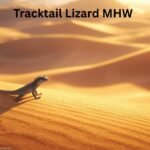 A glowing tracktail lizard mhw stands on golden desert dunes under warm sunlight in Monster Hunter Wilds.