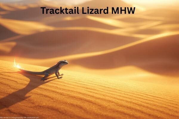 A glowing tracktail lizard mhw stands on golden desert dunes under warm sunlight in Monster Hunter Wilds.
