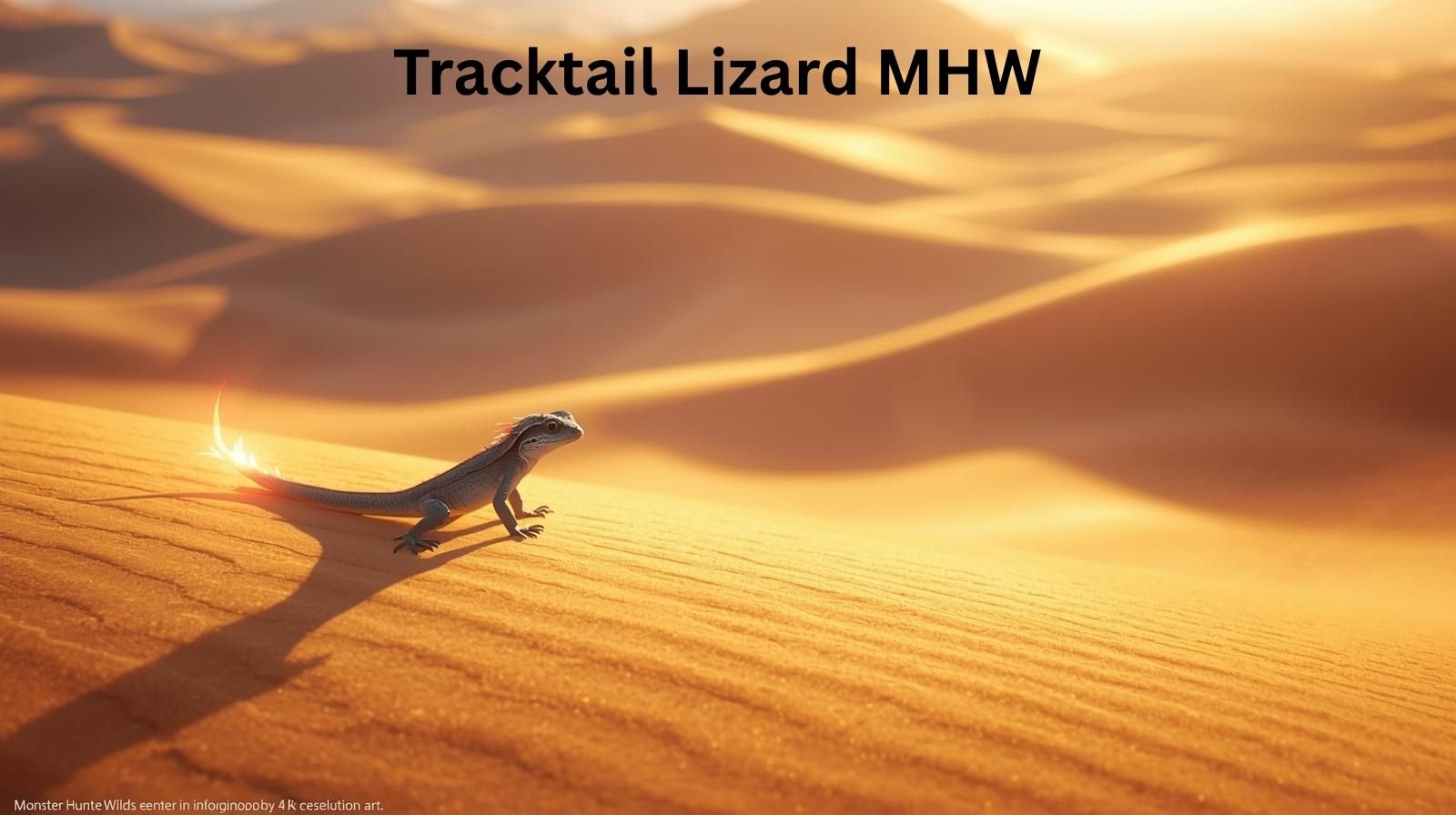 A glowing tracktail lizard mhw stands on golden desert dunes under warm sunlight in Monster Hunter Wilds.