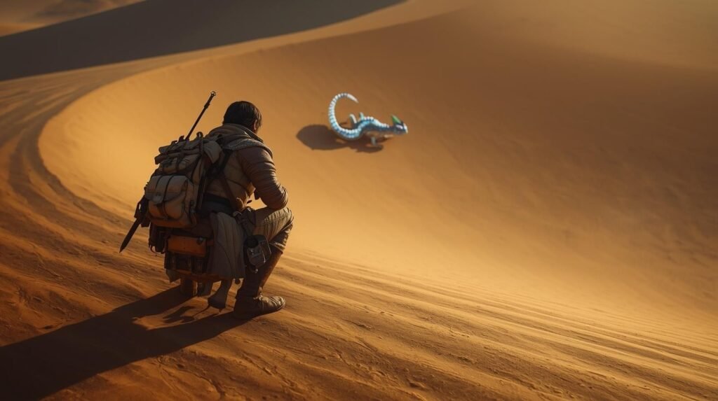 A lone hunter spotting a rare tracktail lizard mhw with a glowing blue tail in desert dunes under cinematic sunlight.