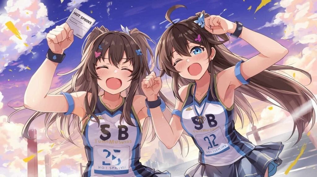 Two Uma Musume characters celebrating after a race while holding the uma musume hot springs ticket, anime-style fantasy artwork with glowing background.