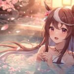 Anime-style Uma Musume character relaxing in a hot spring surrounded by cherry blossoms after earning the uma musume hot springs ticket.
