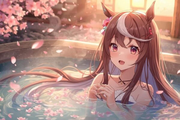 Uma Musume Hot Springs Ticket: Ultimate Guide! Anime-style Uma Musume character relaxing in a hot spring surrounded by cherry blossoms after earning the uma musume hot springs ticket.