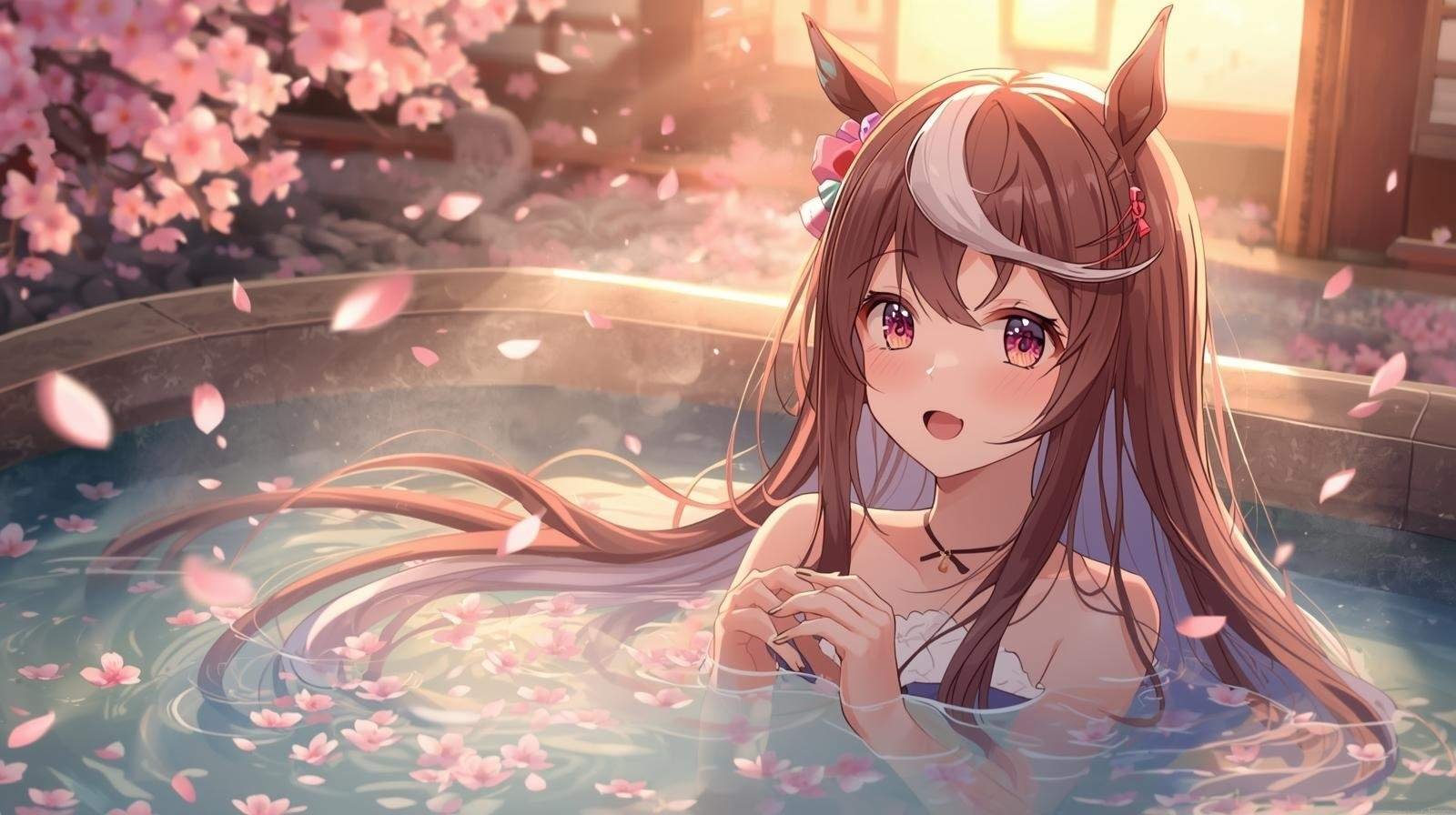 Anime-style Uma Musume character relaxing in a hot spring surrounded by cherry blossoms after earning the uma musume hot springs ticket.
